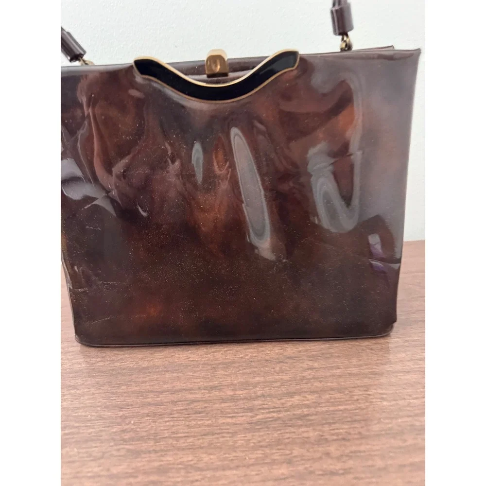 Vintage Lewis Tortoise Shell Patent Leather Handbag 1950s 60s Top Handle Bag